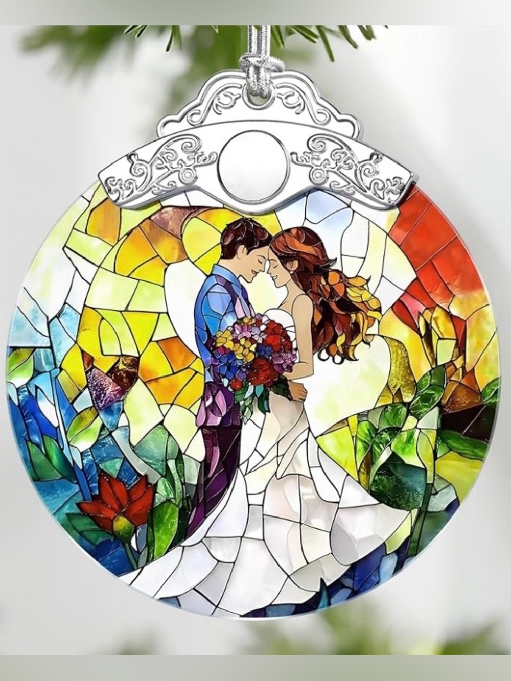 3/$18.00 Stained Glass Style Wedding Couple Suncatcher Ornament
